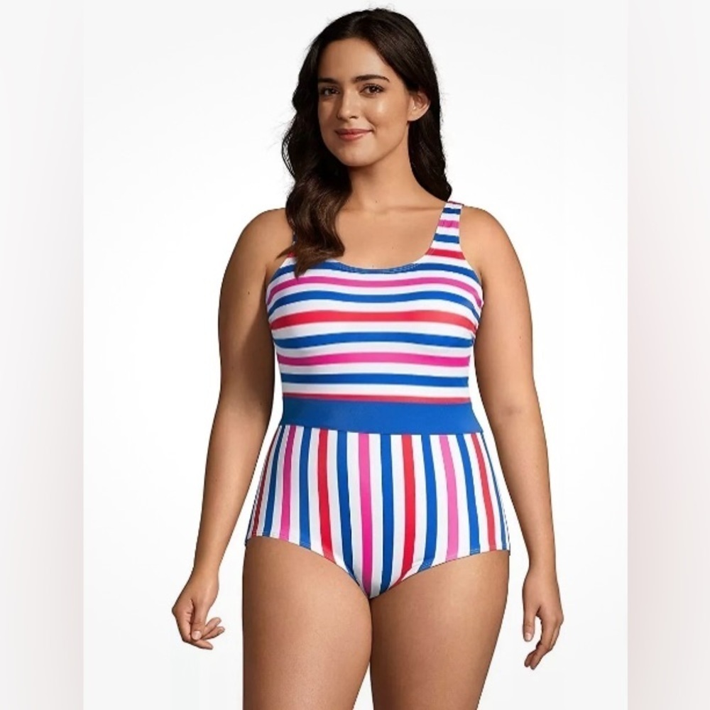 Land’s End Swimsuit 18P One Piece Striped Tugless Scoop Neck Nautical Beach NWT